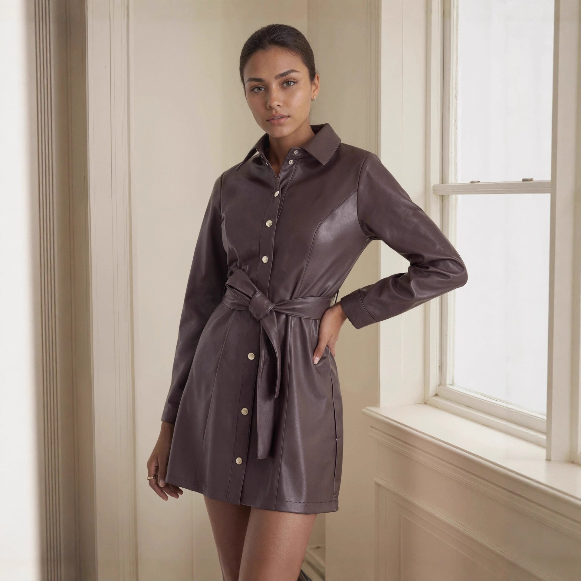 Dark Brown Belted Mid-Length Leather Trench For Women