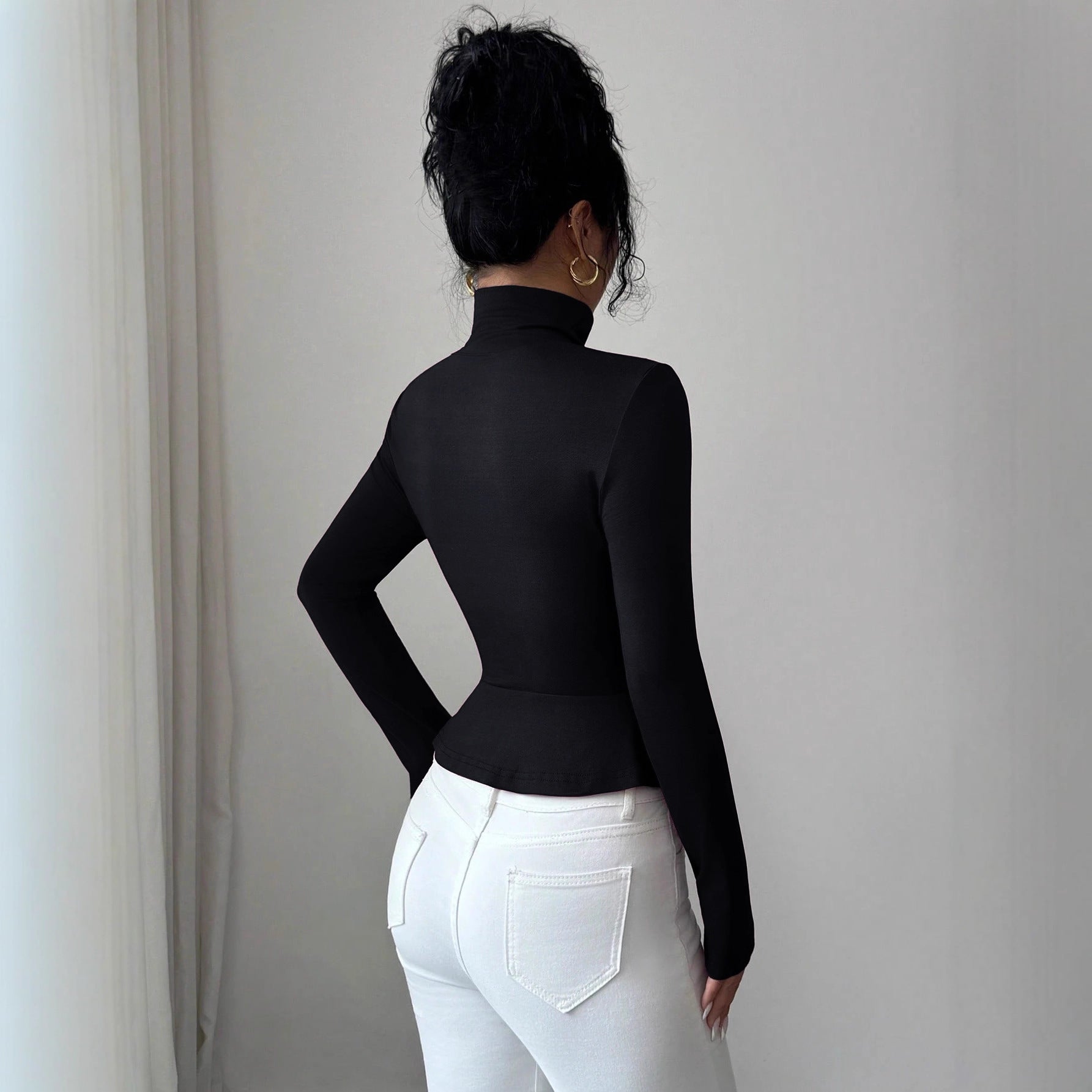 High Neck Pleated Slim Fit Long Sleeve Elegant Autumn Winter Top