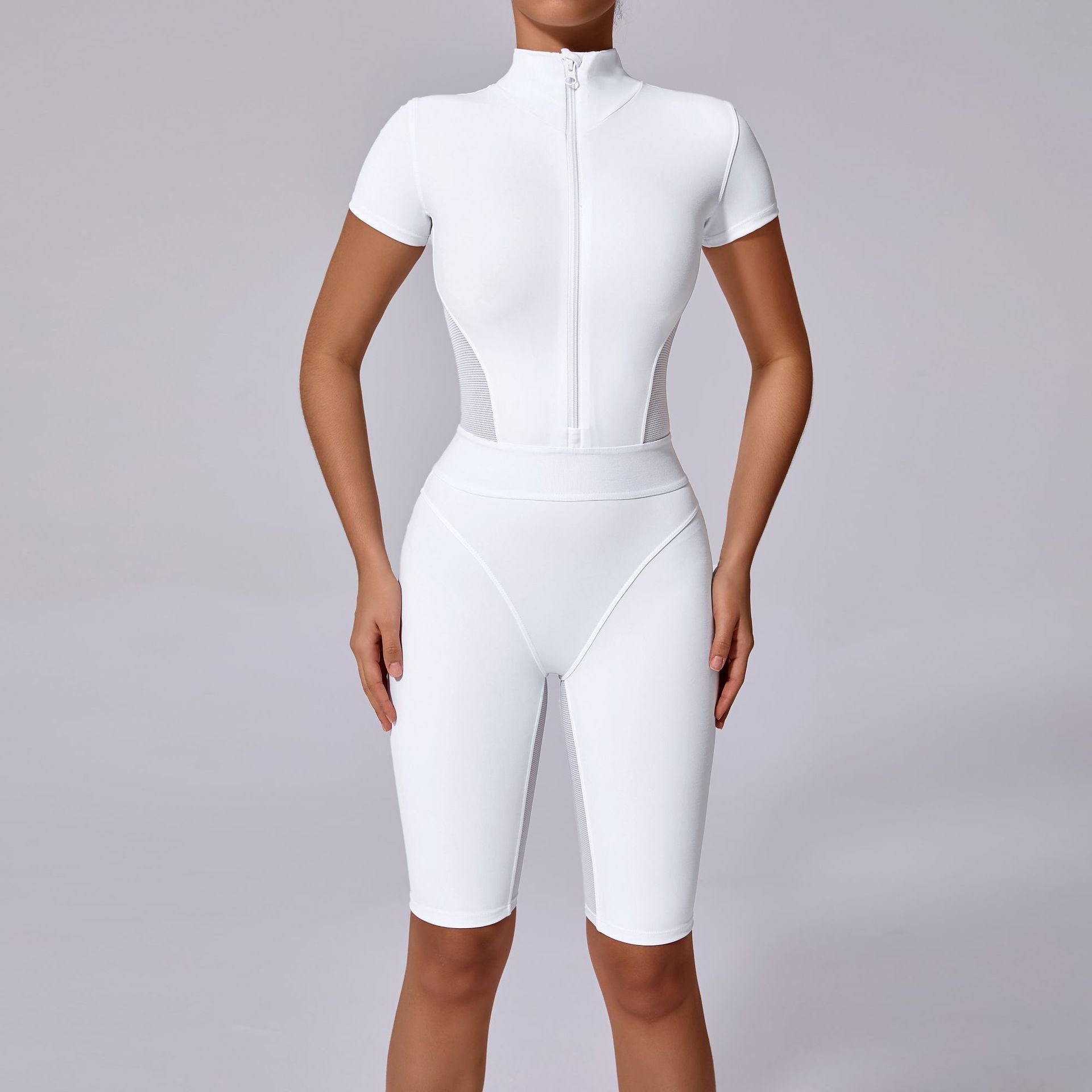 Short Sleeve Zipper Yoga Jumpsuit With Stretch Waist Design