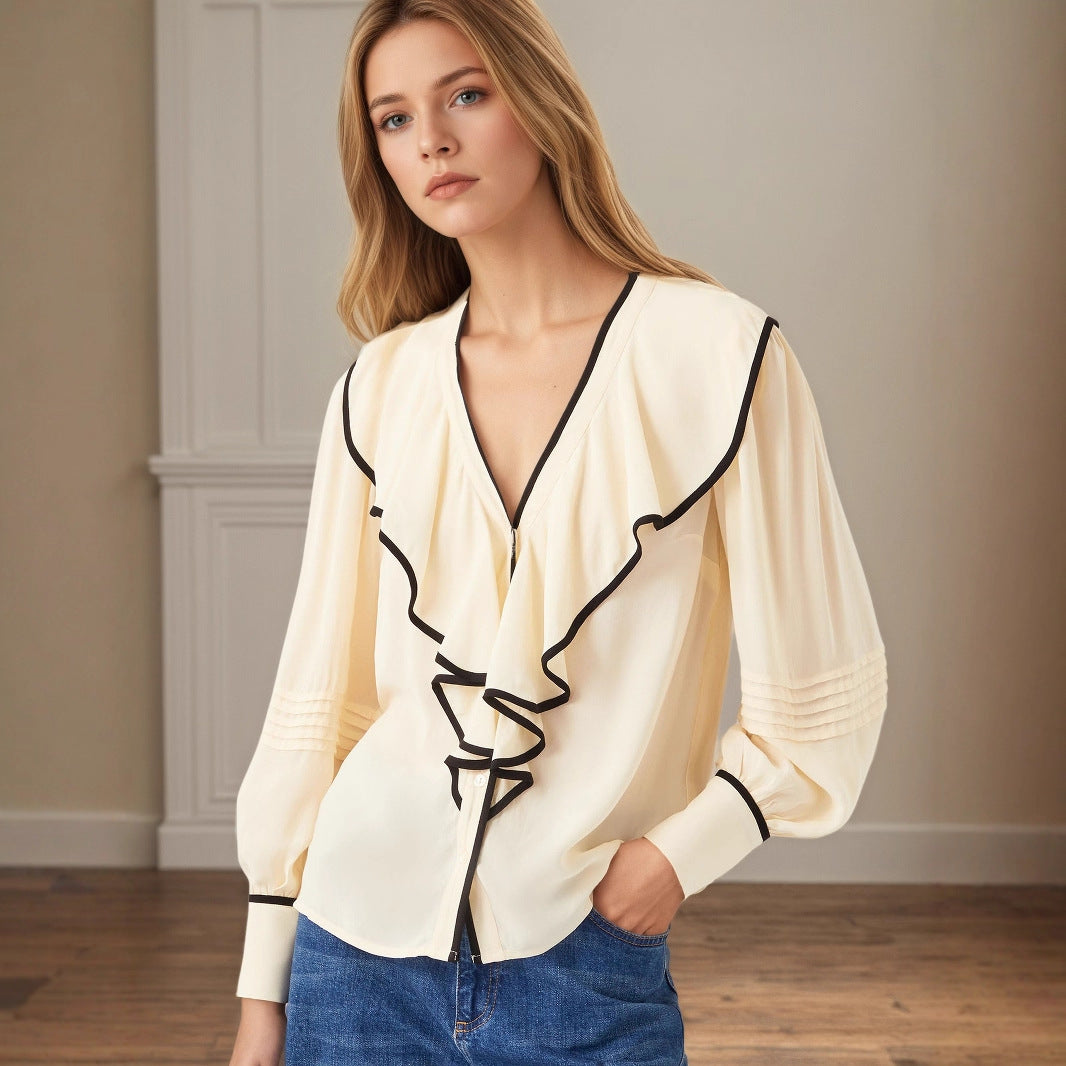 Women's Retro V-Neck Contrast Pleated Blouse With Loose Fit