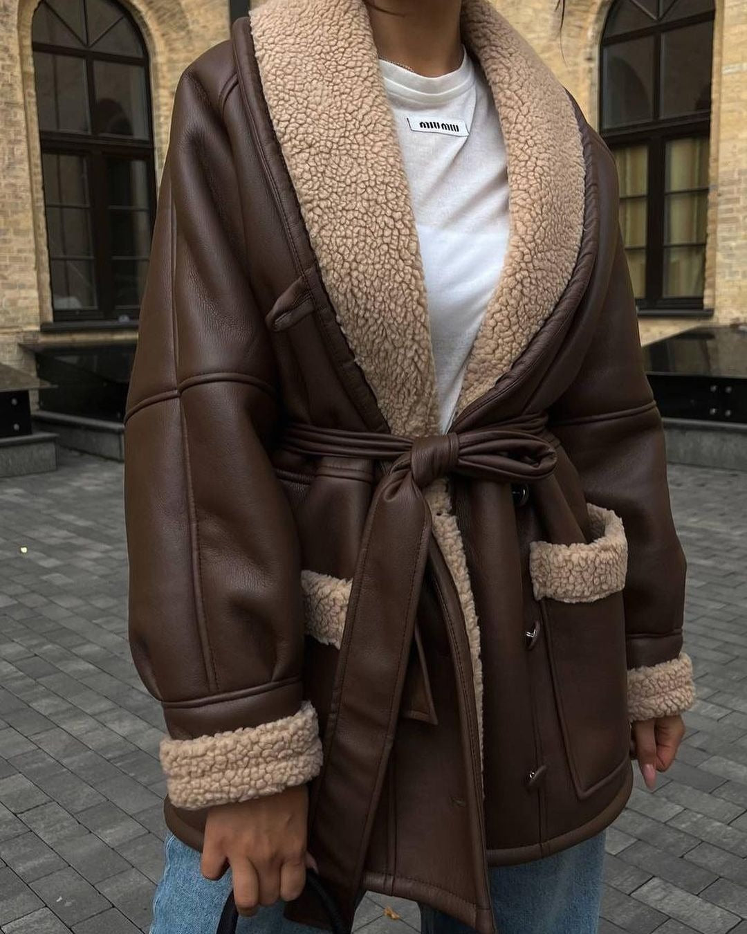 Korean Style Faux Leather Fur Splice Midlength Women's Coat