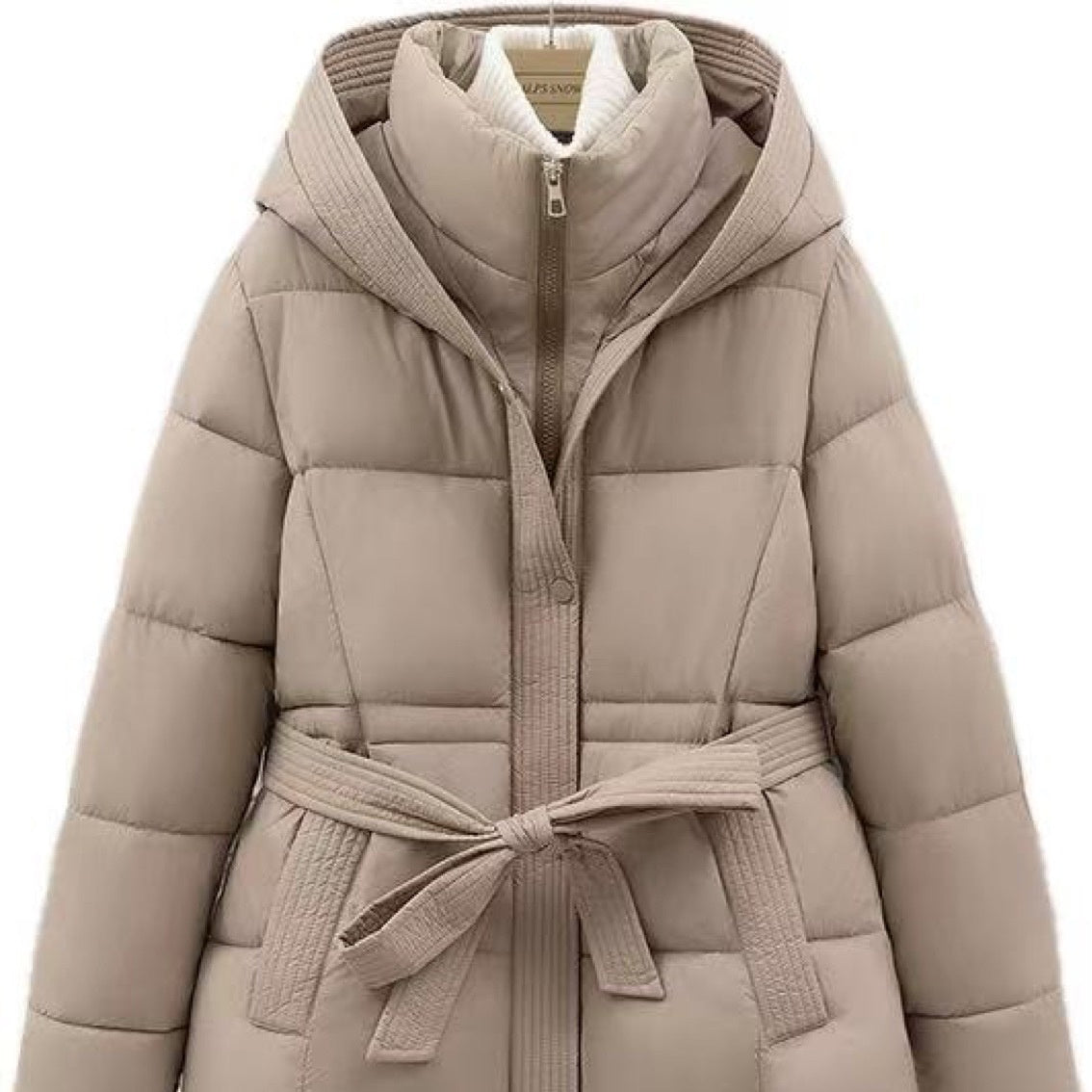 Short Women's Waist-Cinching Hooded Tie-Front Warm Coat