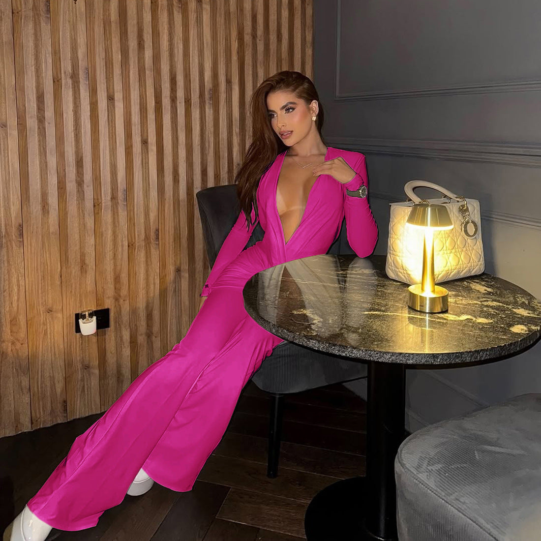 Deep V Slim Fit Flared Jumpsuit With High Waist