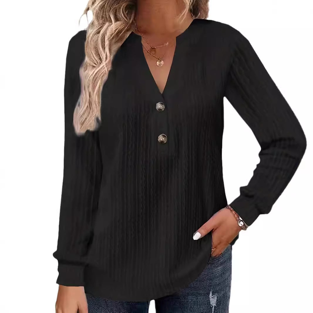 Women's Long Sleeve V-Neck Buttoned Solid Color Casual T-Shirt