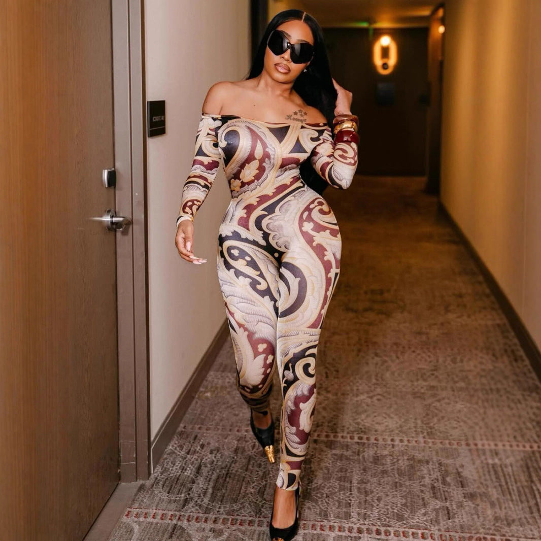 Off Shoulder Printed Bodycon Jumpsuit With High Waist And Cropped Pants