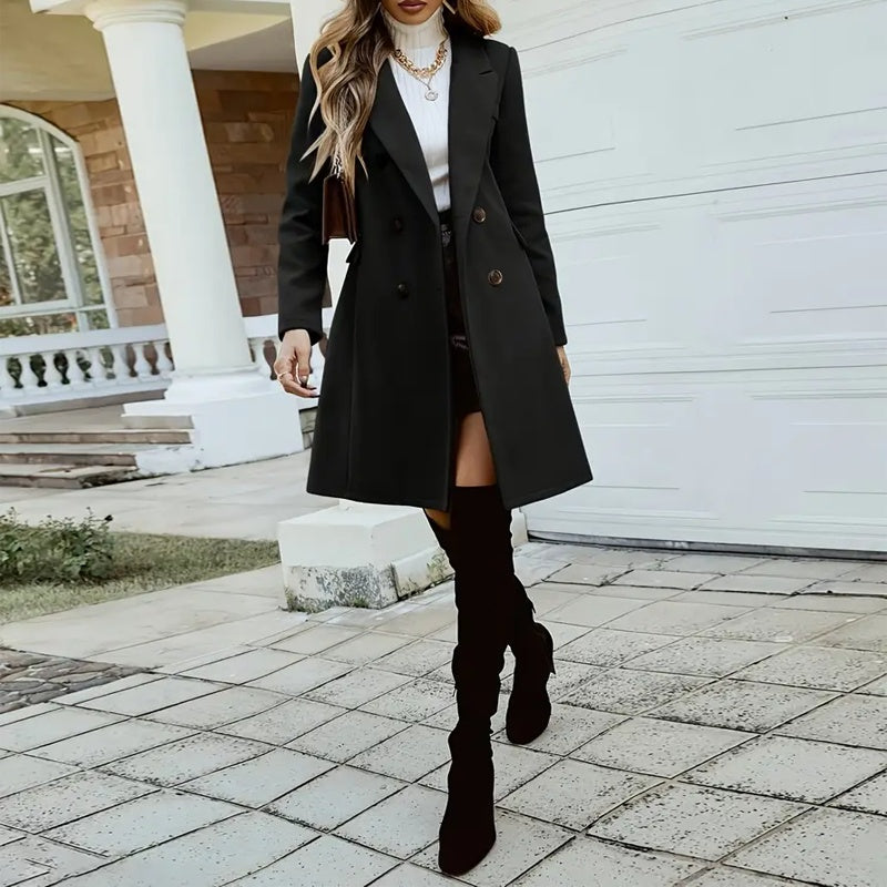 Classic Double Breasted Mid-Length Wool-Like Coat With Notch Lapel