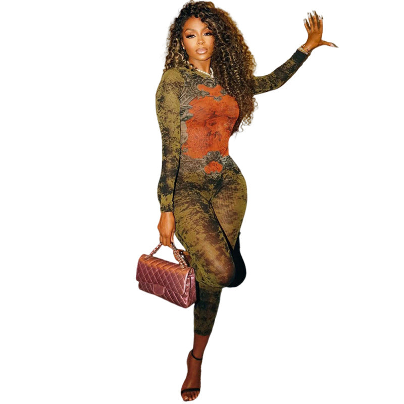 Mesh Print High Waist Slim Fit Jumpsuit With Zipper Front