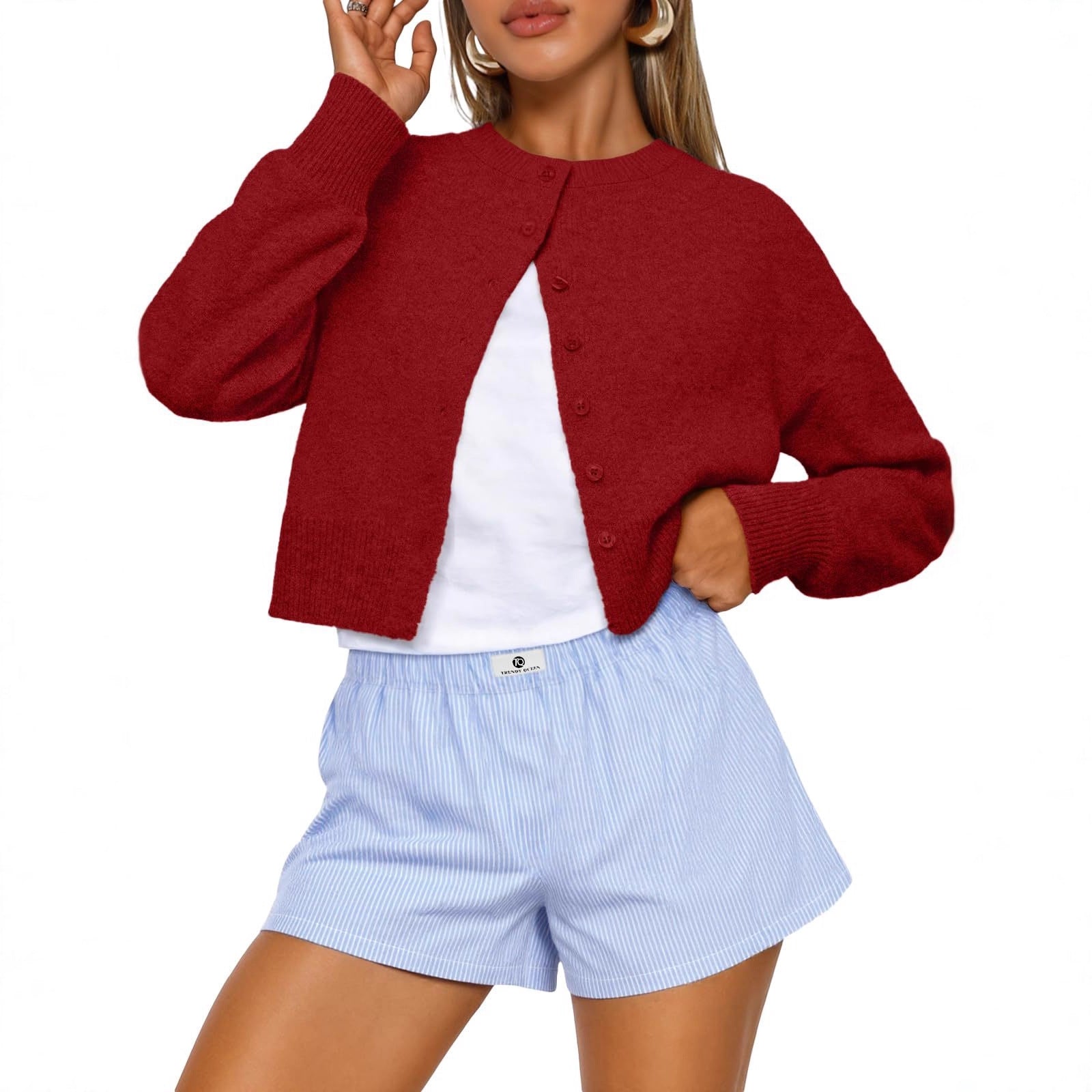 Cropped Button-Front Crewneck Knit Sweater For Women