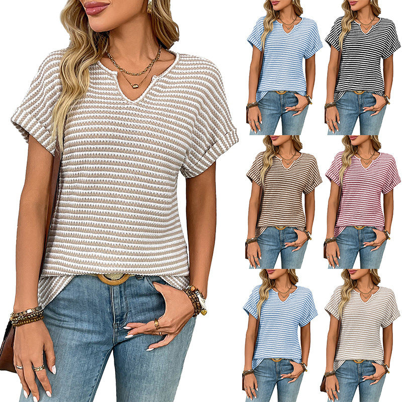 Loose Fit V-Neck Striped Short Sleeve Casual Everyday T-Shirt