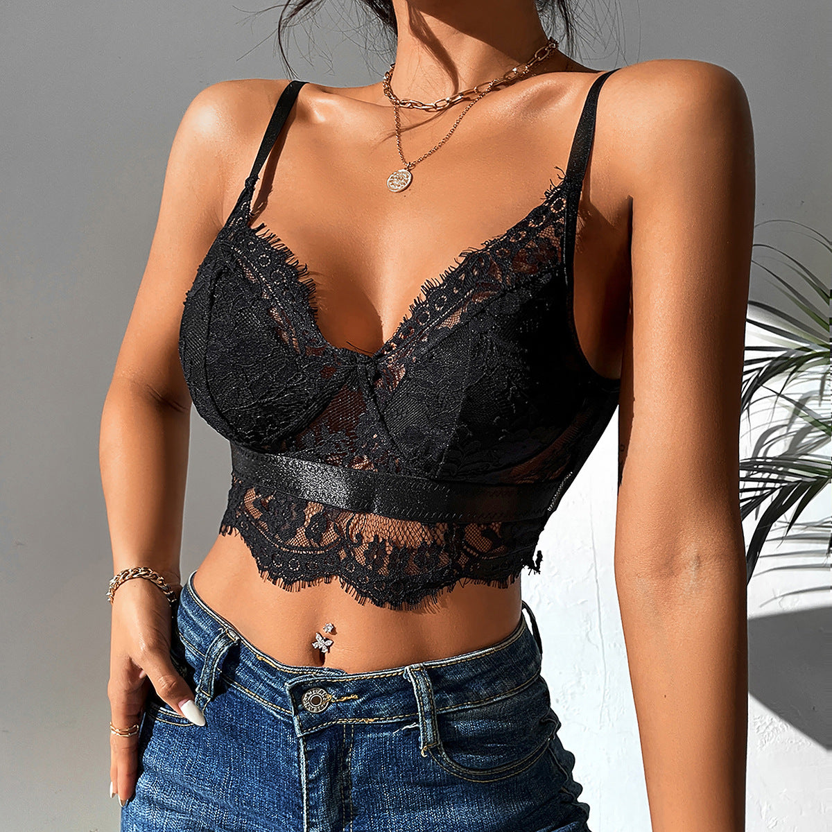 Sheer Mesh Floral Spliced Backless Slim Fit Ultra-Short Camisole