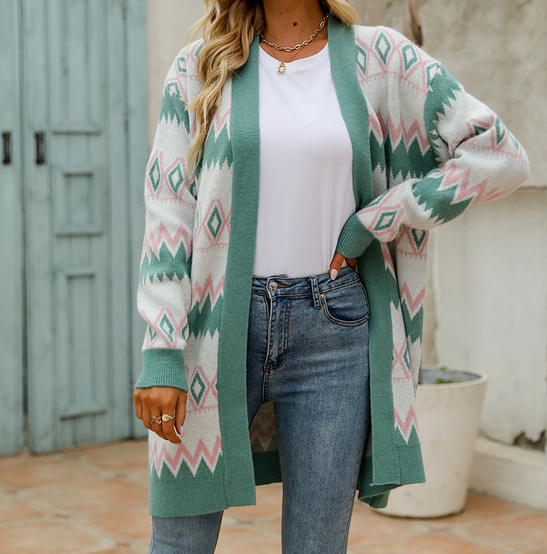 V-Neck Rhombus Check Contrast Mid Length Sweater Coat For Women