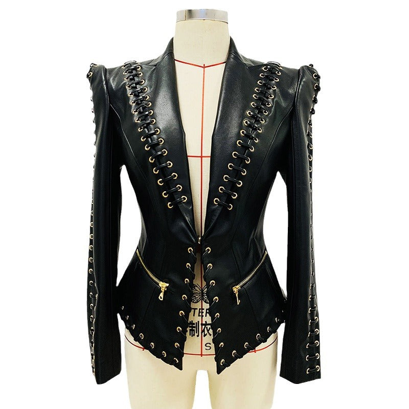 Heavy Industry Eyelet Rope Slim PU Coat And Skirt Set