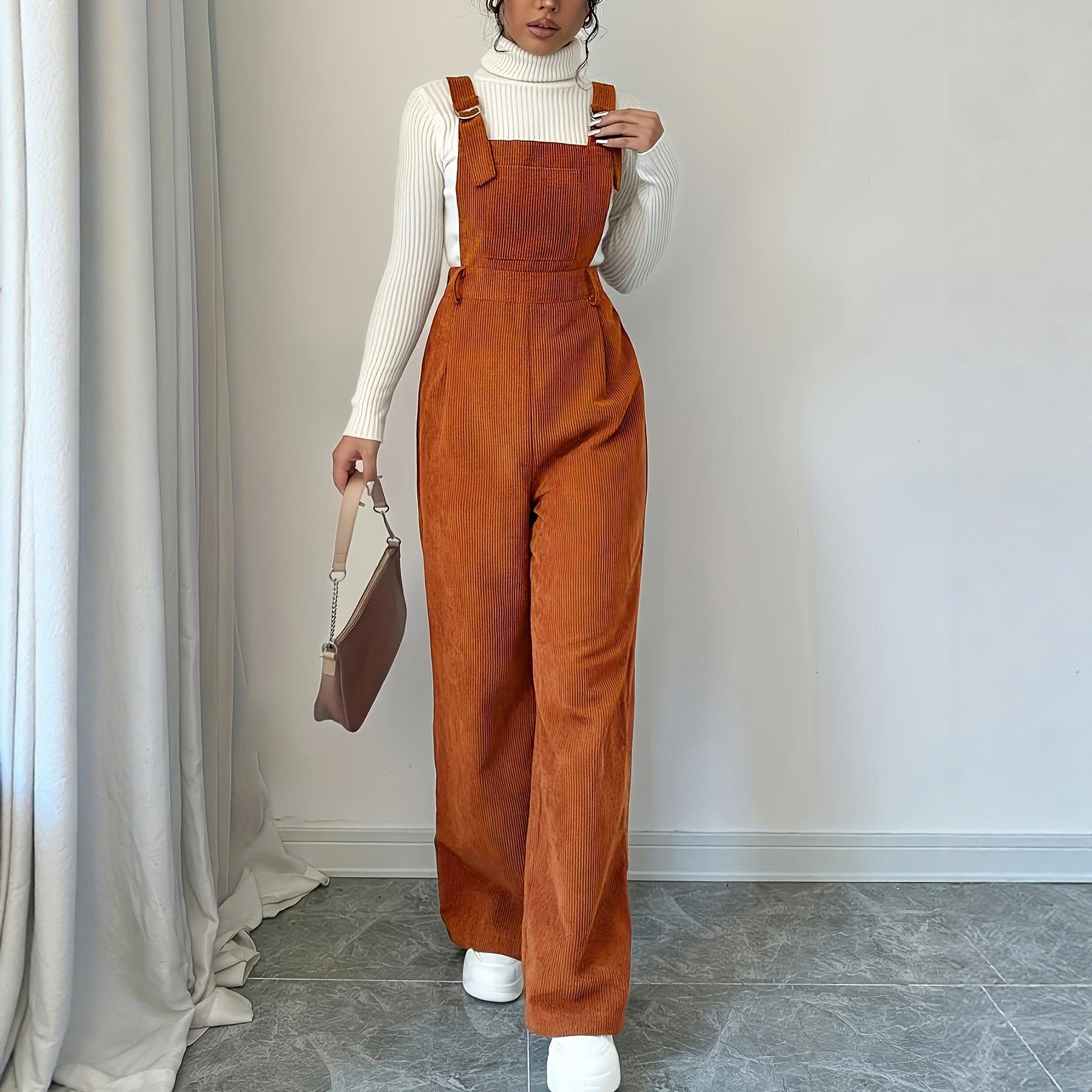 Corduroy Loose Fit Bib Pants With Straight Leg Silhouette
