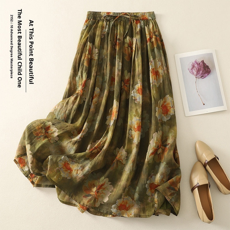 Women's Retro Printed Double Layer Pleated Mid Length Skirt