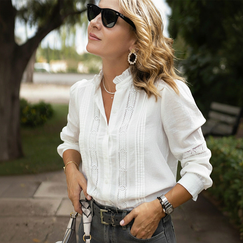 Women's Elegant Lace Stand Collar Long Sleeve Hollow White Shirt