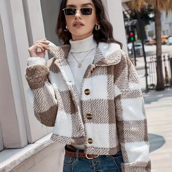 Plaid Plush Button Cardigan Coat For Women Warm