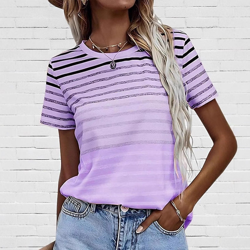 Striped Gradient 3D Print Round Neck Short Sleeve Casual Top