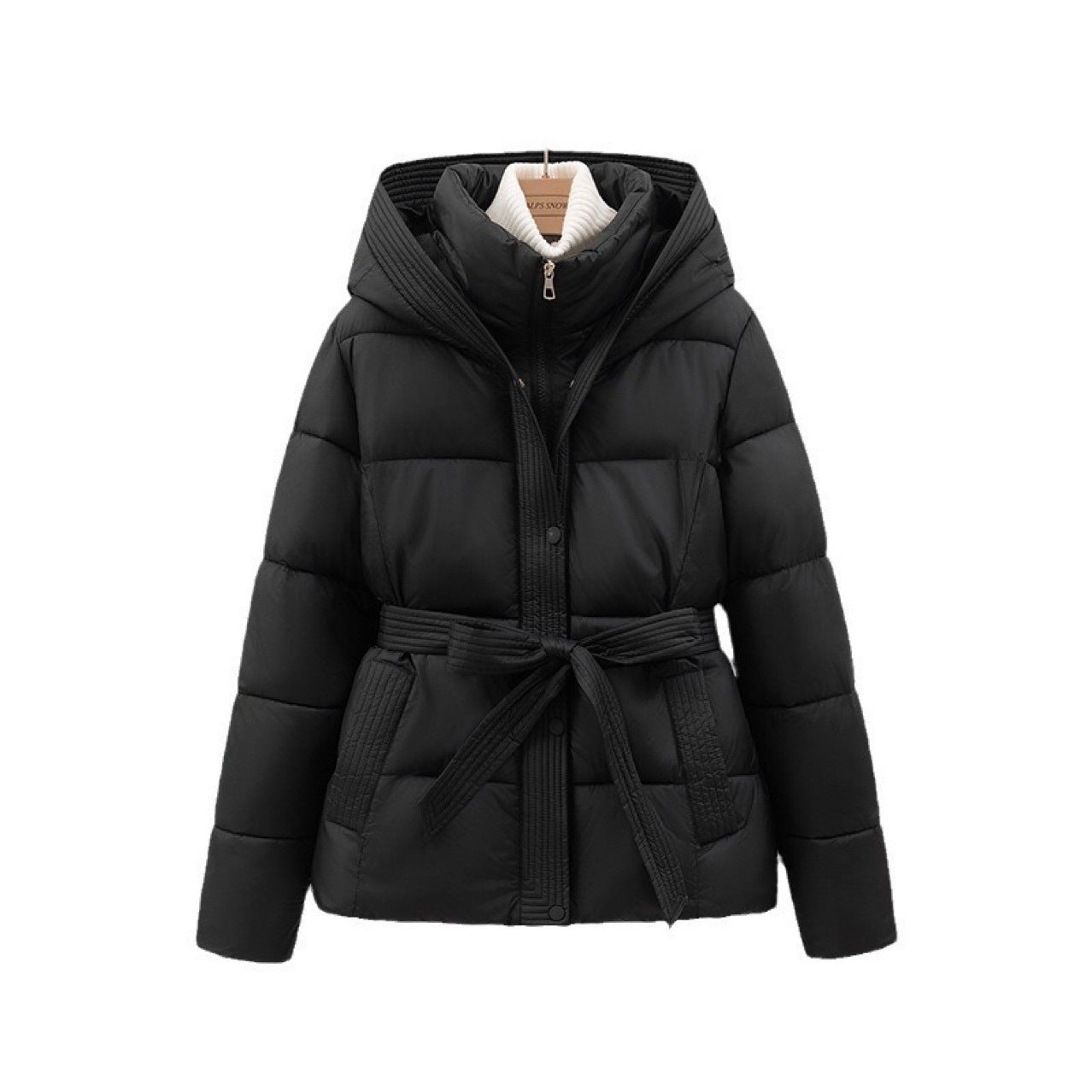 Short Women's Waist-Cinching Hooded Tie-Front Warm Coat