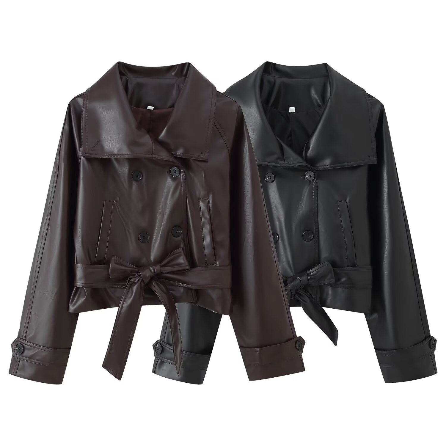 Two-Tone Double Breasted Short Lace Up Faux Leather Coat