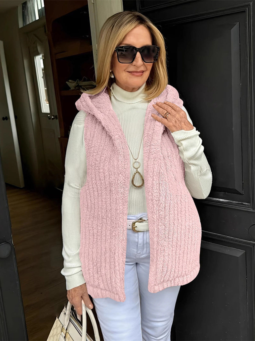 Fuzzy Hooded Sleeveless Mid-Length Soft Casual Solid Color Vest