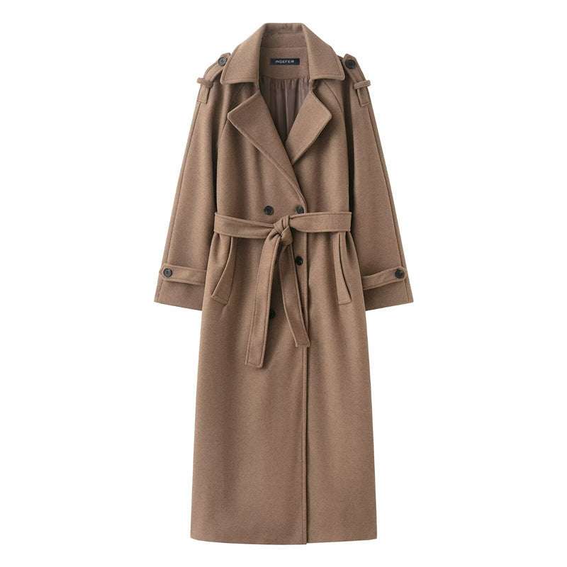 British Double-Breasted Long Wool Coat Women's Classic Overcoat