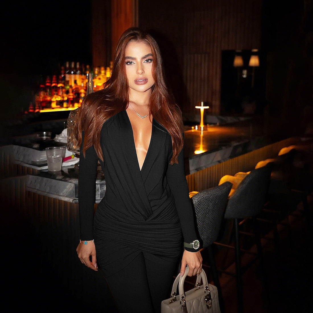 Deep V Slim Fit Flared Jumpsuit With High Waist