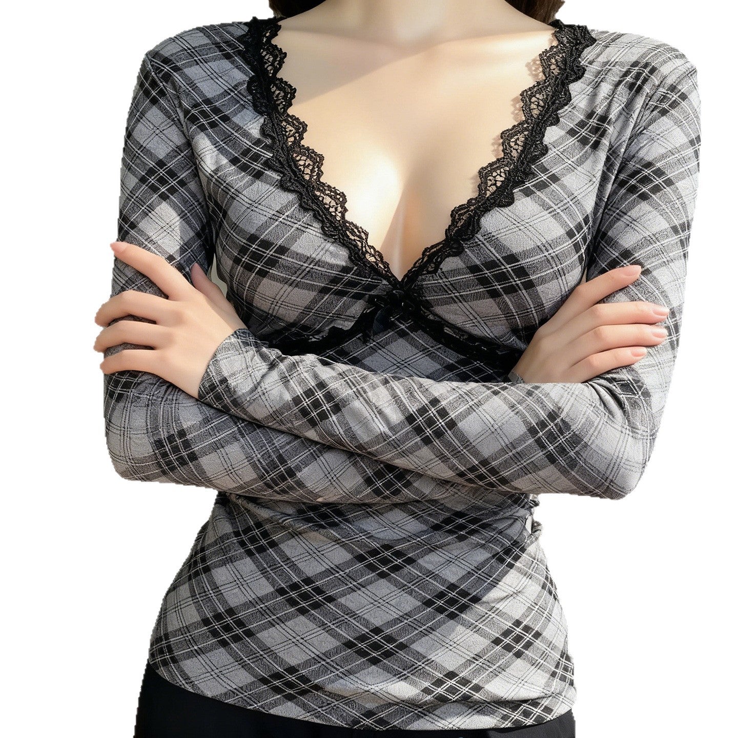 Slim Fit Plaid Patchwork Long Sleeve Short-Length Base Layer Top