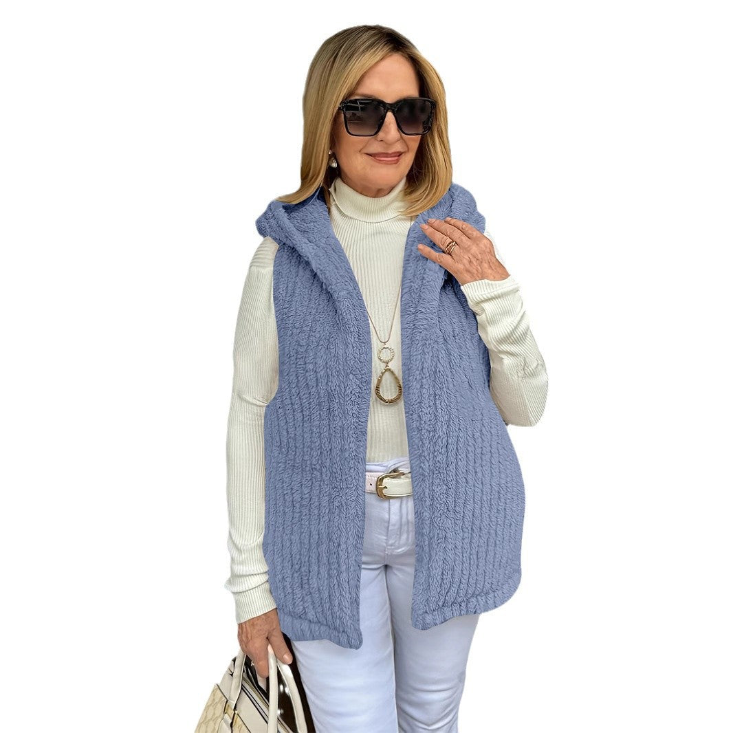 Fuzzy Hooded Sleeveless Mid-Length Soft Casual Solid Color Vest