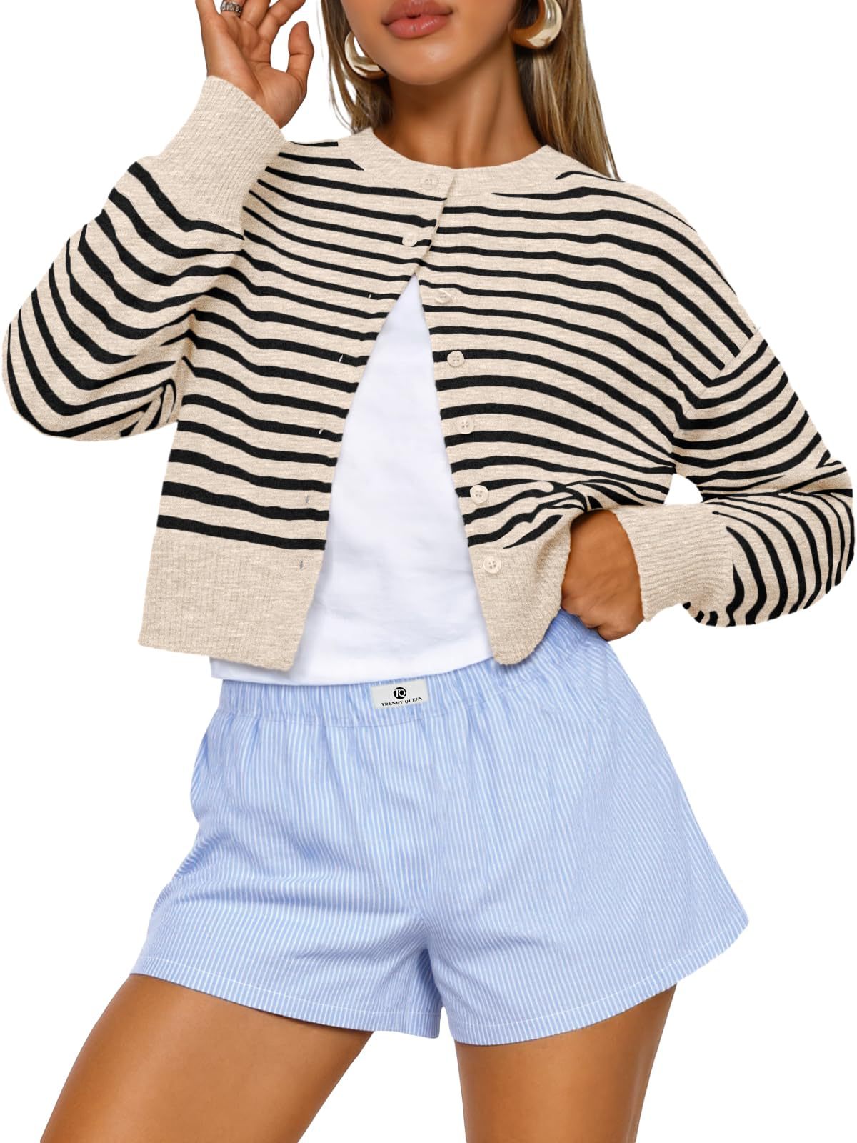 Cropped Button-Front Crewneck Knit Sweater For Women