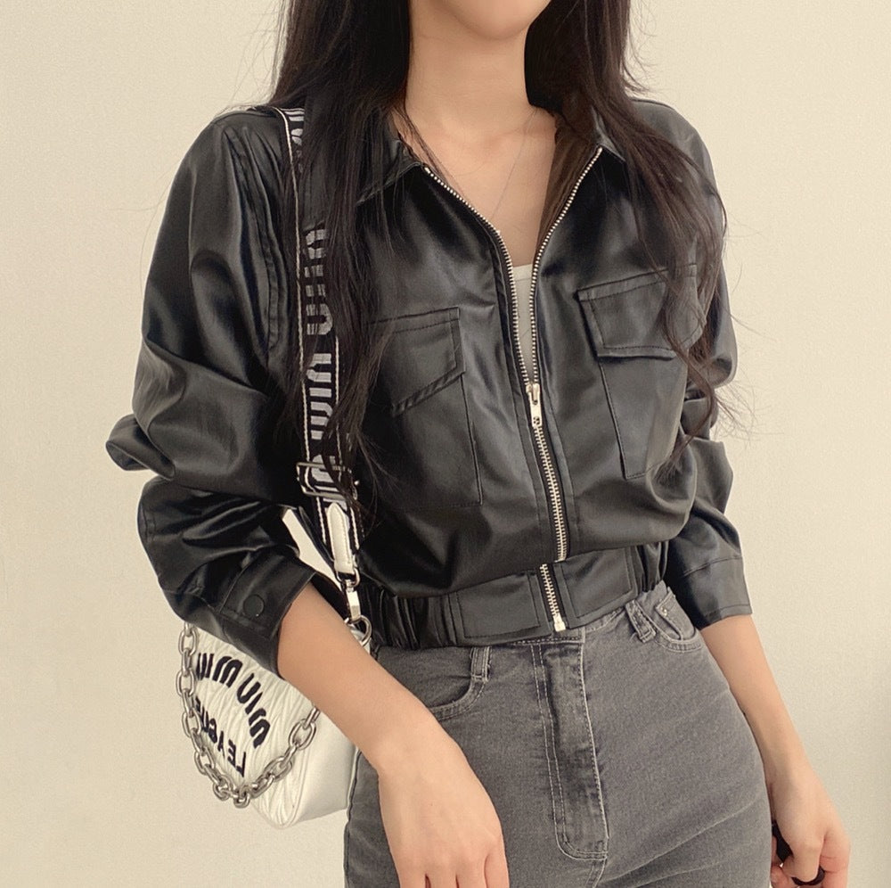 Double Pocket Lapel PU Lapel Coat With Generous Fit