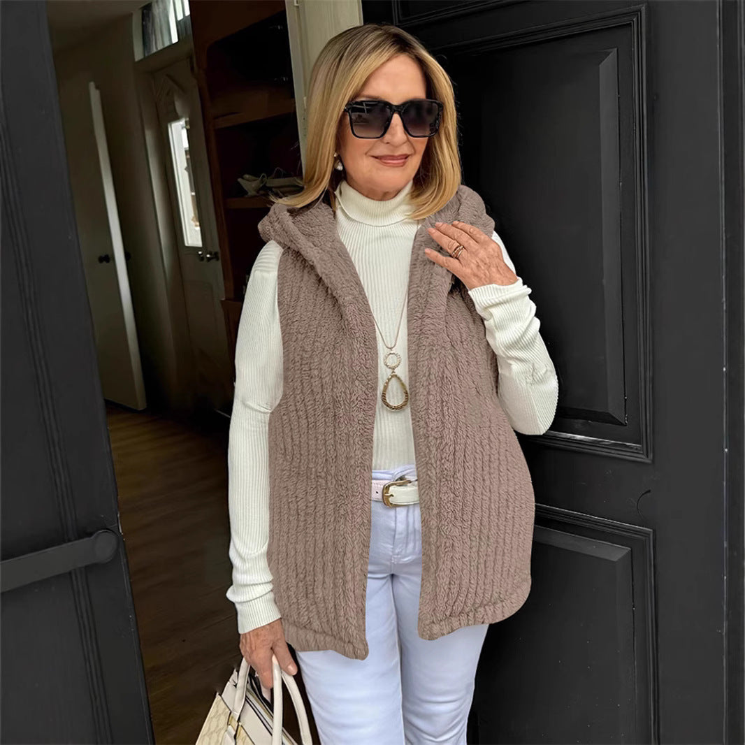 Fuzzy Hooded Sleeveless Mid-Length Soft Casual Solid Color Vest