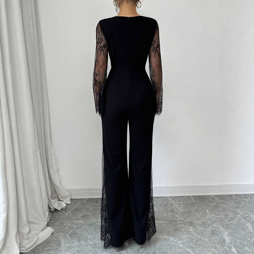 Lace Embellished Bodycon Jumpsuit With Cinched Waist And Sleek Fit
