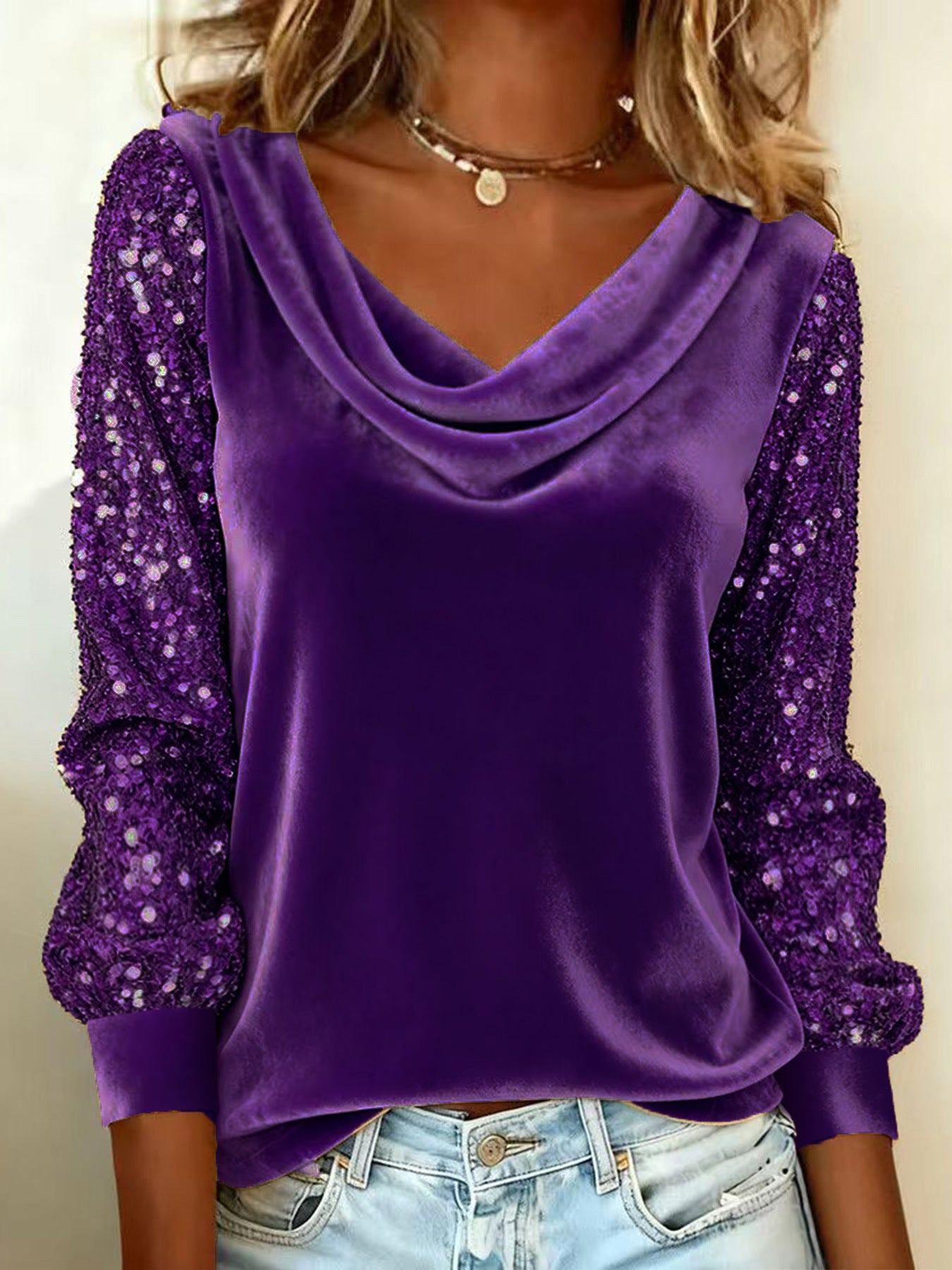 Women's Velvet Long Sleeve Loose Fit Winter Party Pullover Blouse