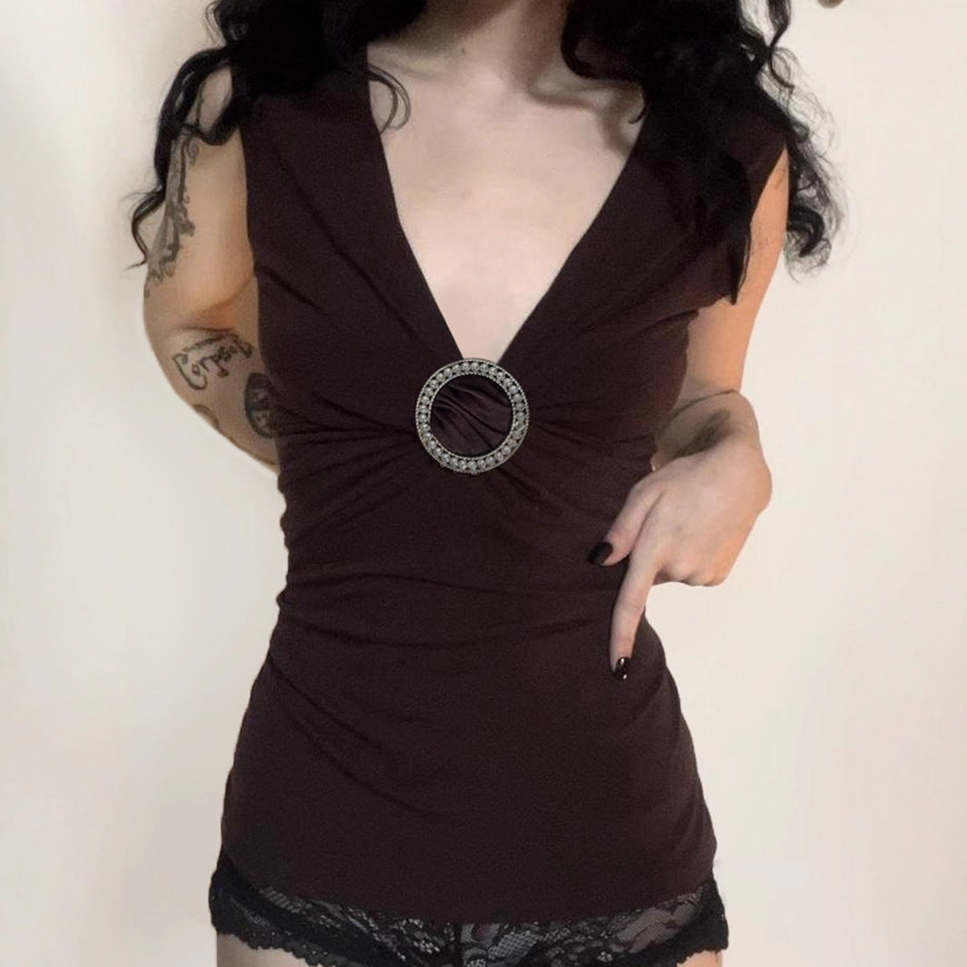 Deep V-Neck Slim Fit Sleeveless Vest With Elegant Ring Detail
