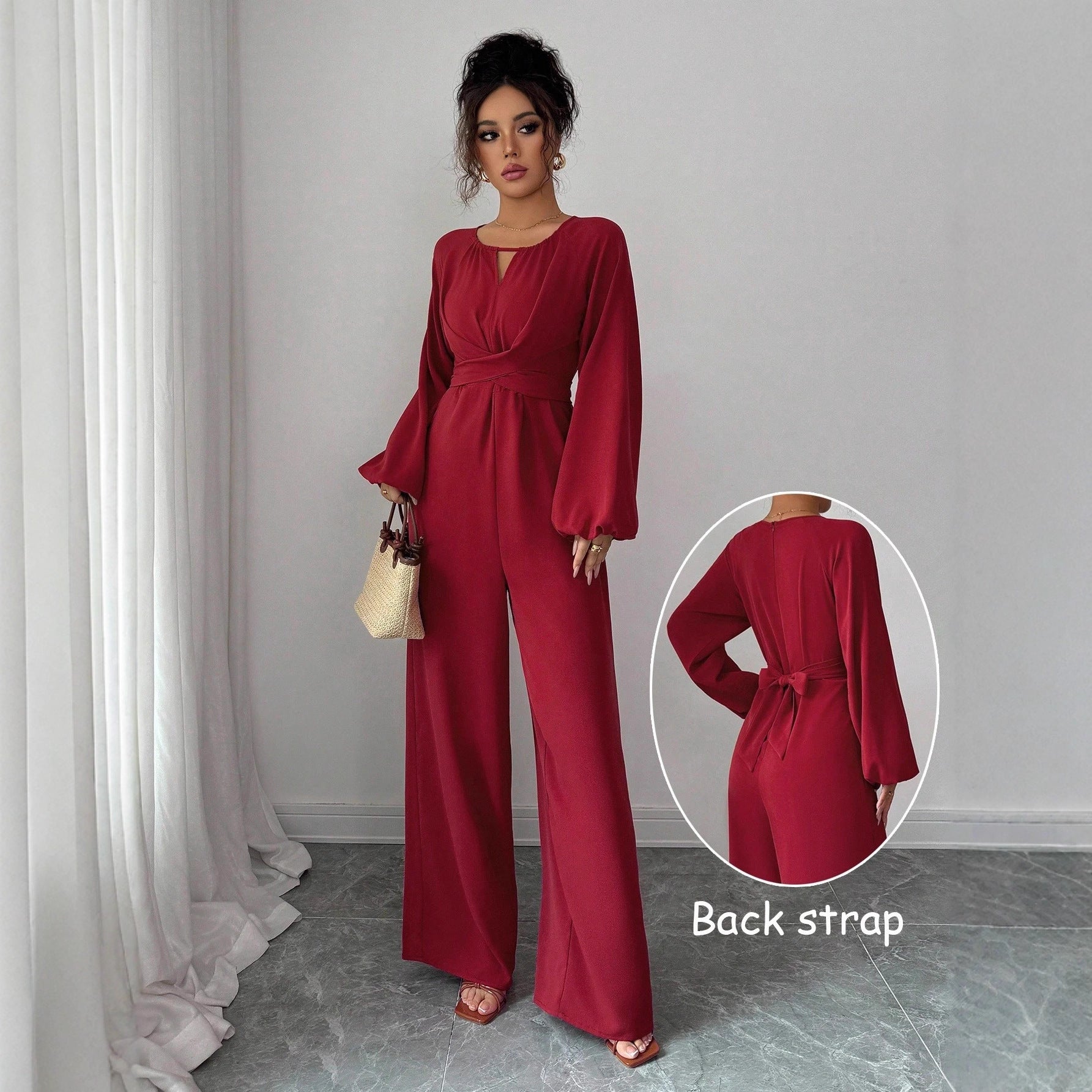 Square Neck Wide Leg Jumpsuit With Elegant Lantern Sleeves