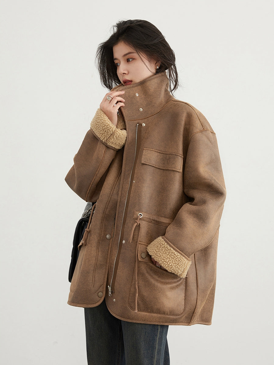 Suede Lamb Wool Motorcycle Coat Mid-Length Women's Jacket Warm