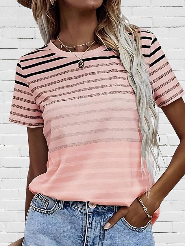 Striped Gradient 3D Print Round Neck Short Sleeve Casual Top