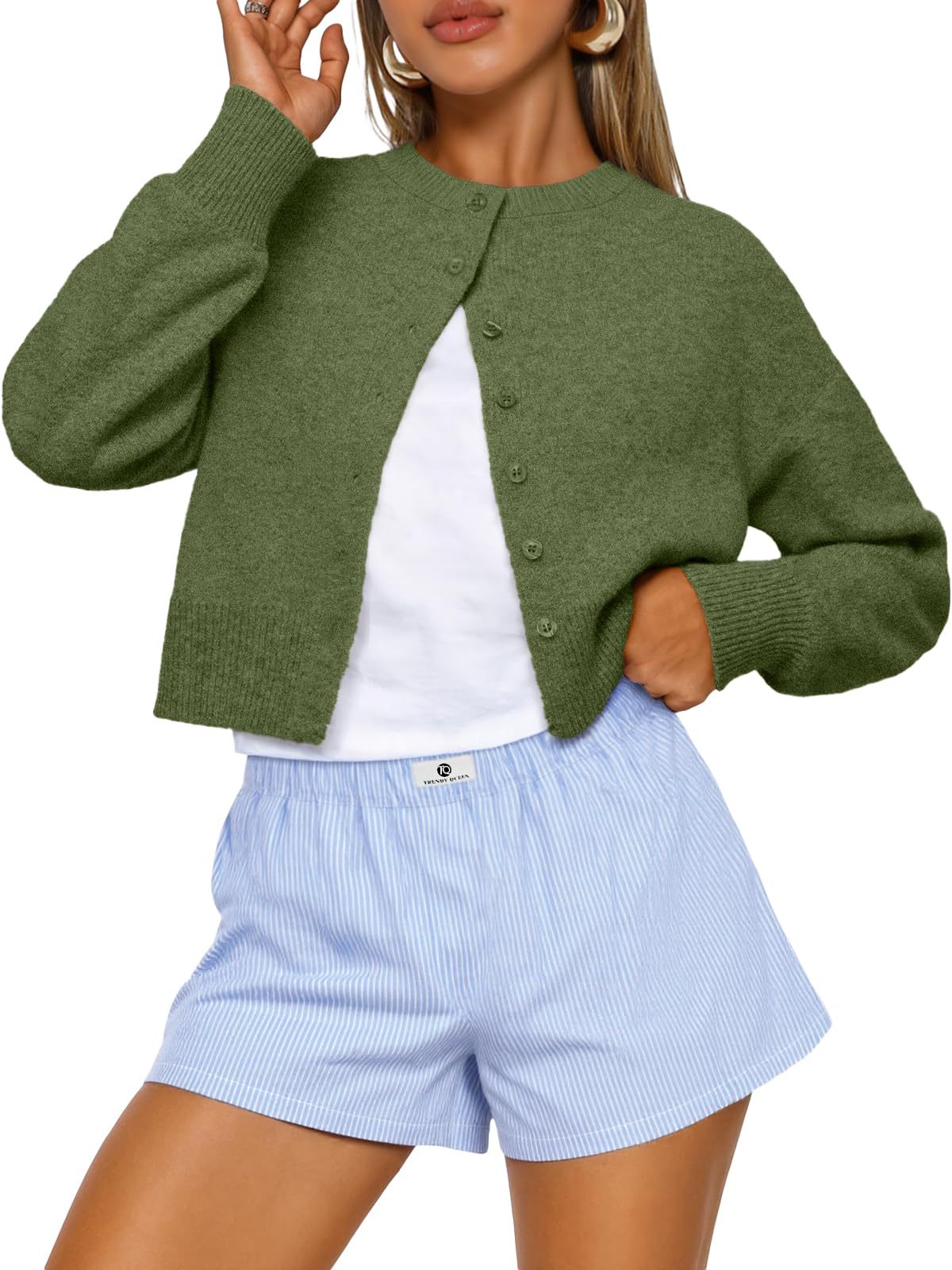 Cropped Button-Front Crewneck Knit Sweater For Women