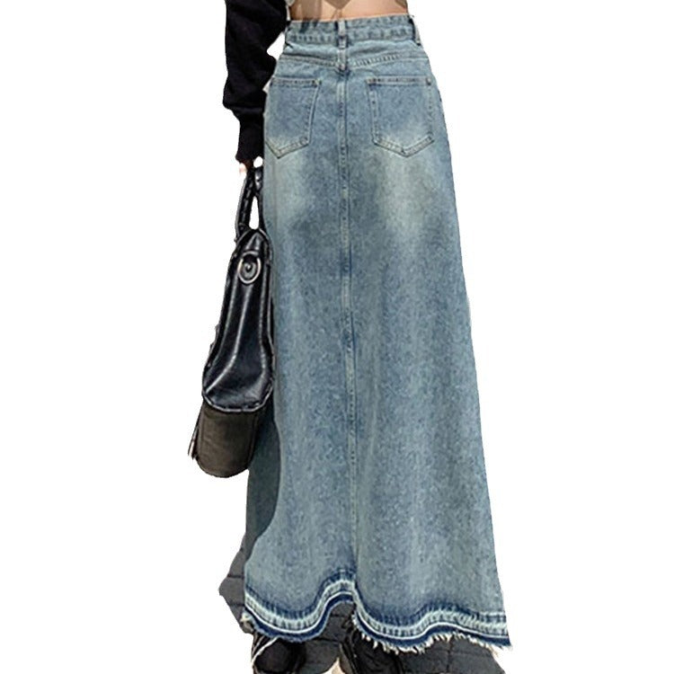 Frayed Vintage Blue High Waisted Denim Skirt With Washed Look