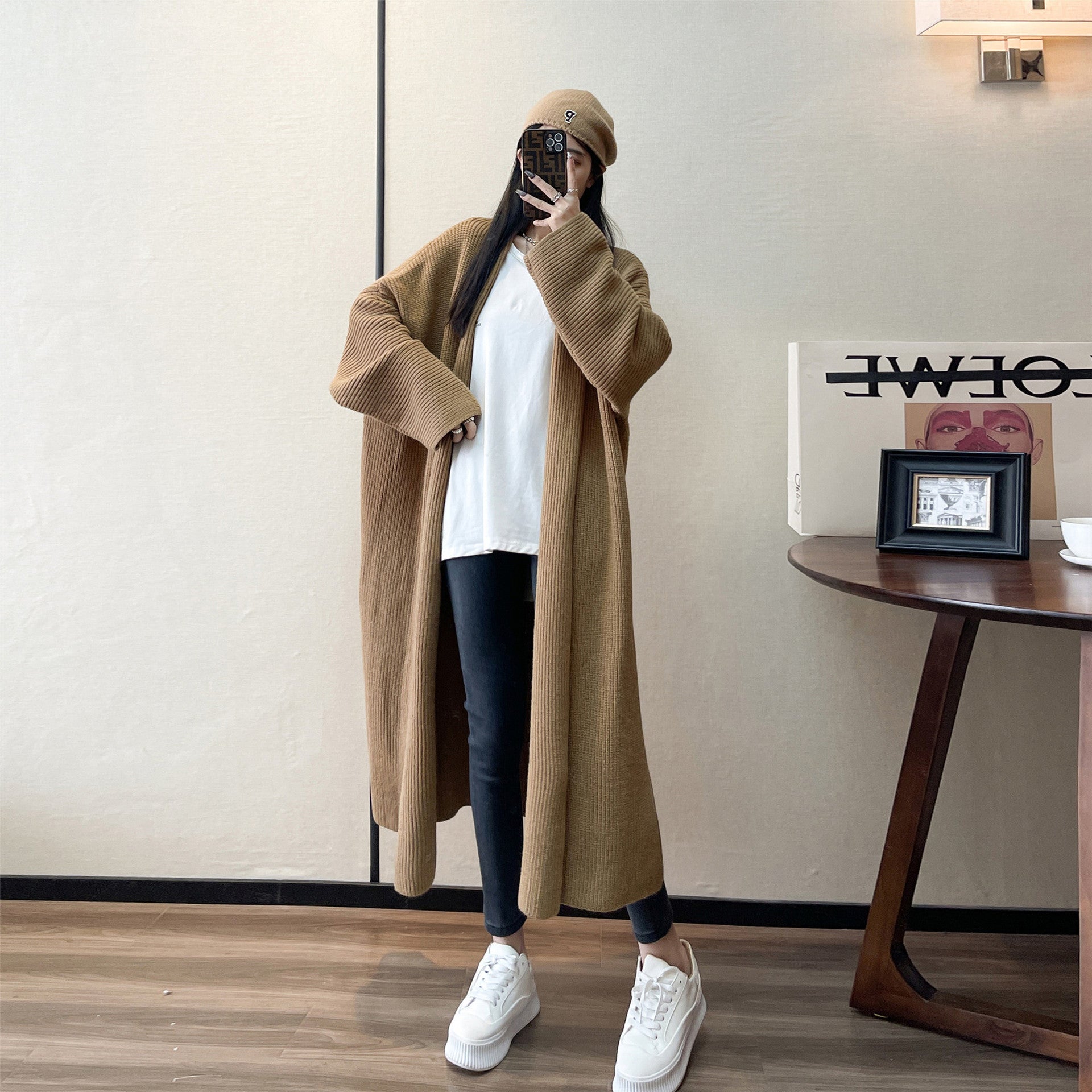 Oversized Mid Length Cardigan Coat In Neutral Tones