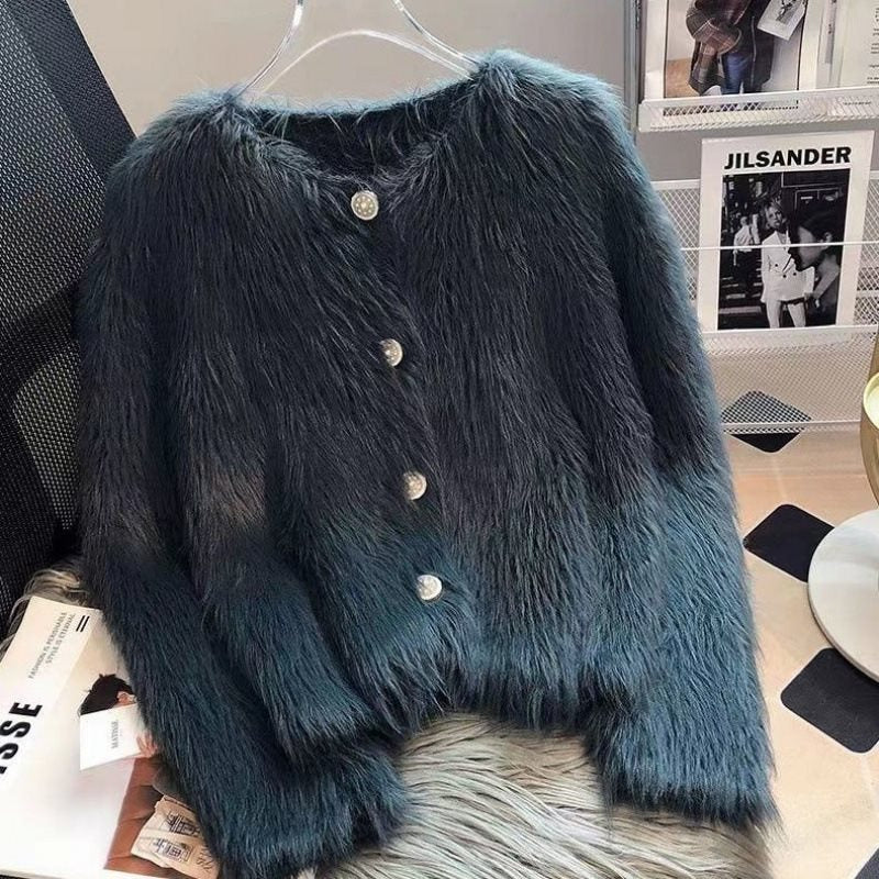 Faux Mink Velvet Knit Short Cardigan Sweater Coat Thickened