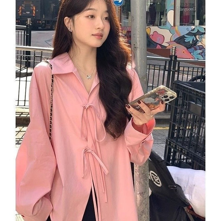 Women's Casual Bow-Tie Front Long Sleeve Relaxed Fit Shirt