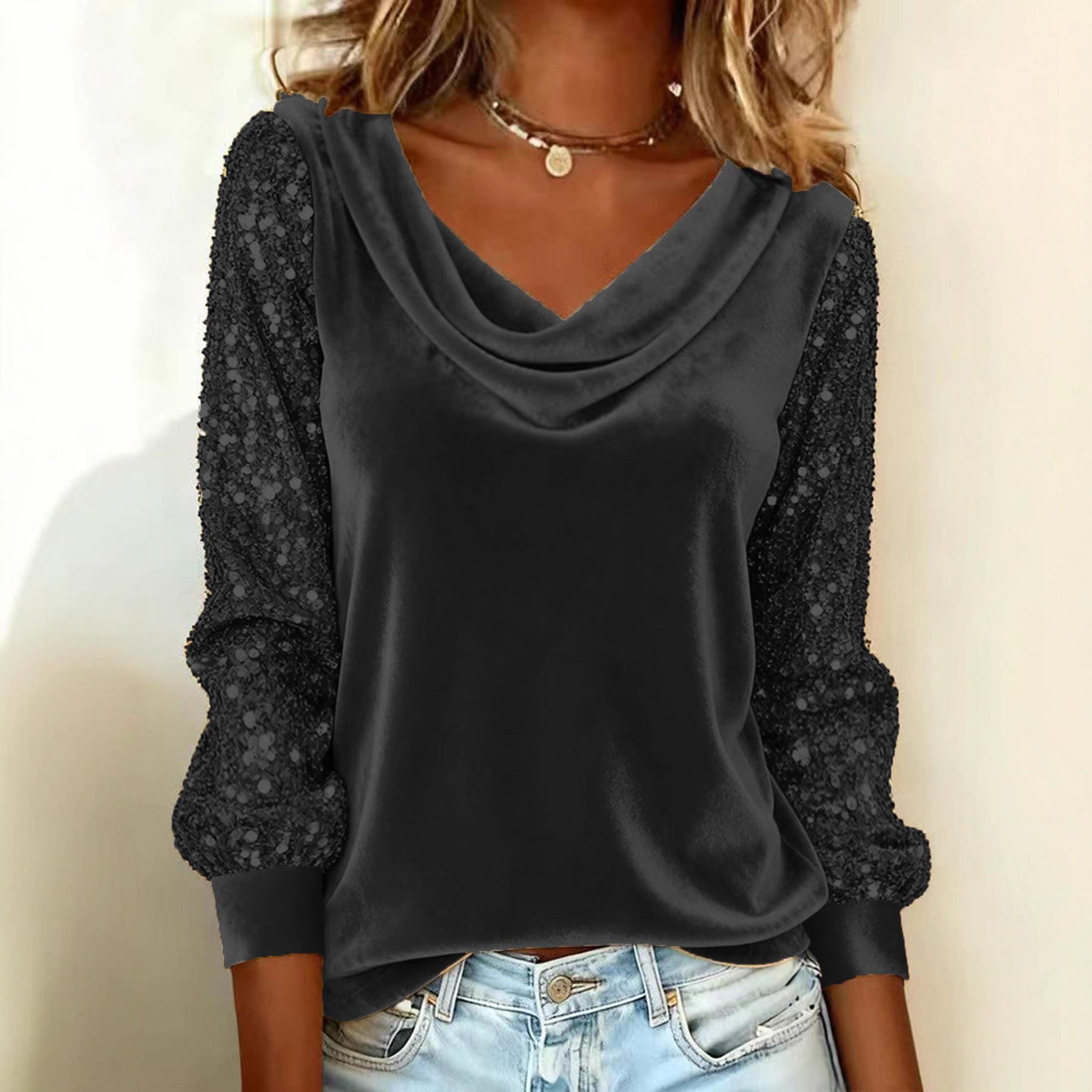 Women's Velvet Long Sleeve Loose Fit Winter Party Pullover Blouse
