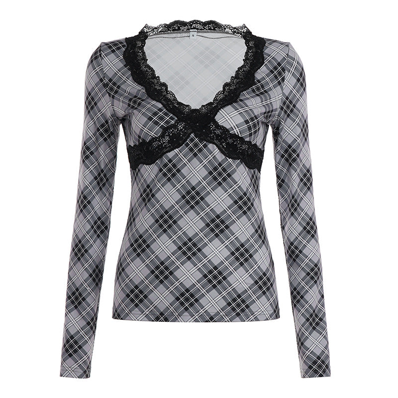 Slim Fit Plaid Patchwork Long Sleeve Short-Length Base Layer Top