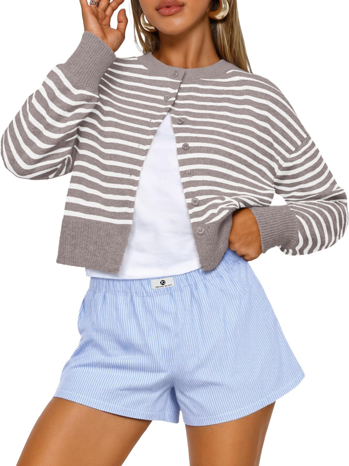 Cropped Button-Front Crewneck Knit Sweater For Women
