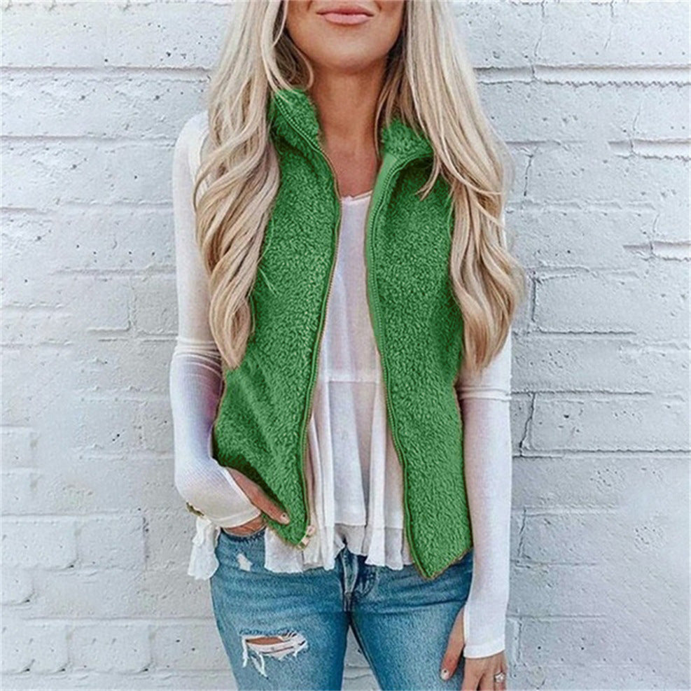 Teddy Plush Zip-Up Loose Fit Warm Pocketed Sleeveless Vest