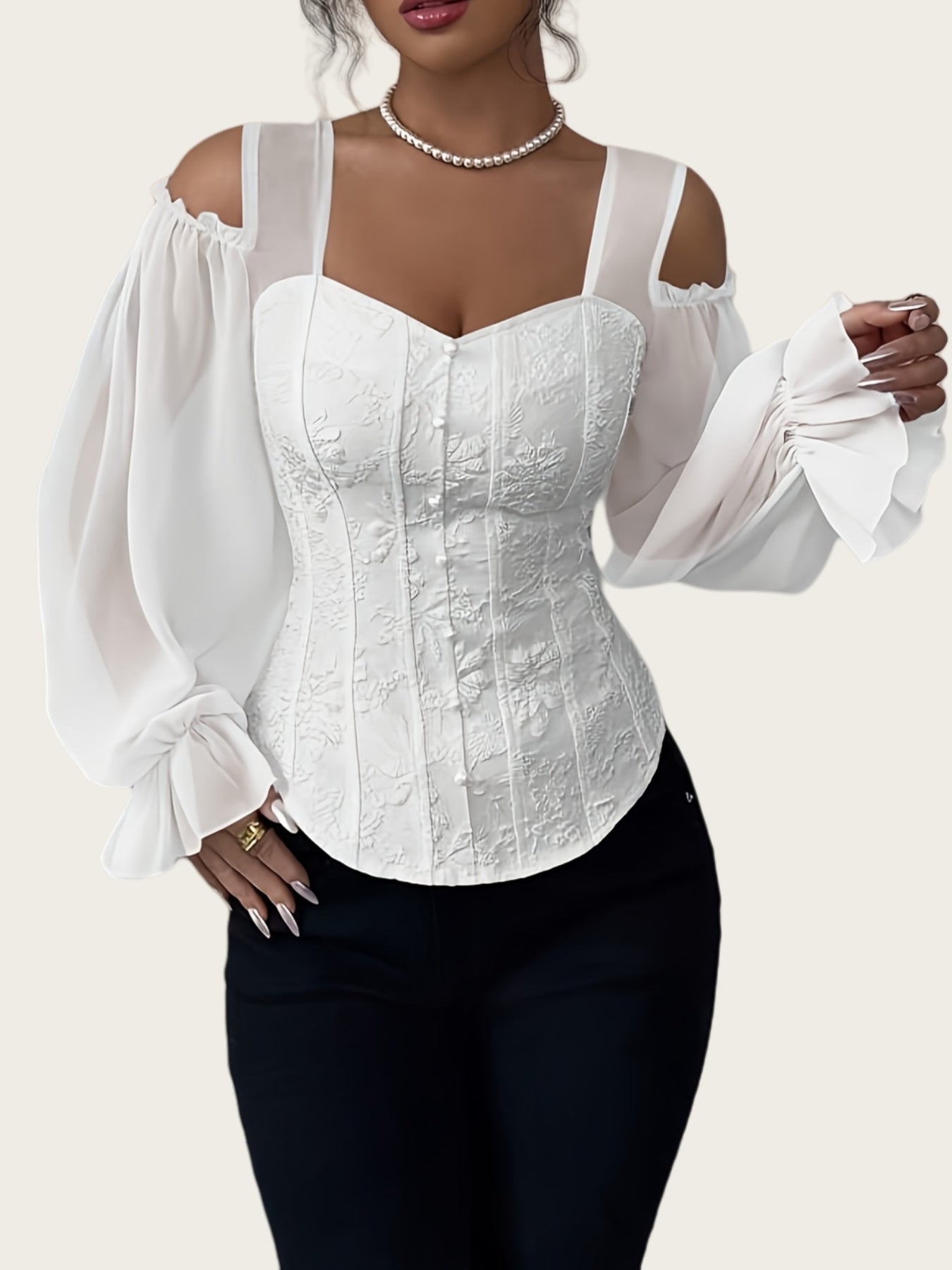 Elegant Off-Shoulder Floral Jacquard Puff-Sleeve Blouse