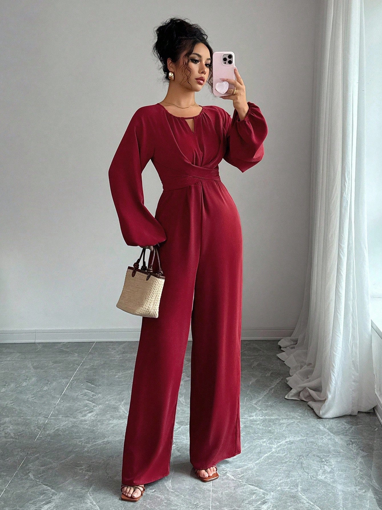 Square Neck Wide Leg Jumpsuit With Elegant Lantern Sleeves