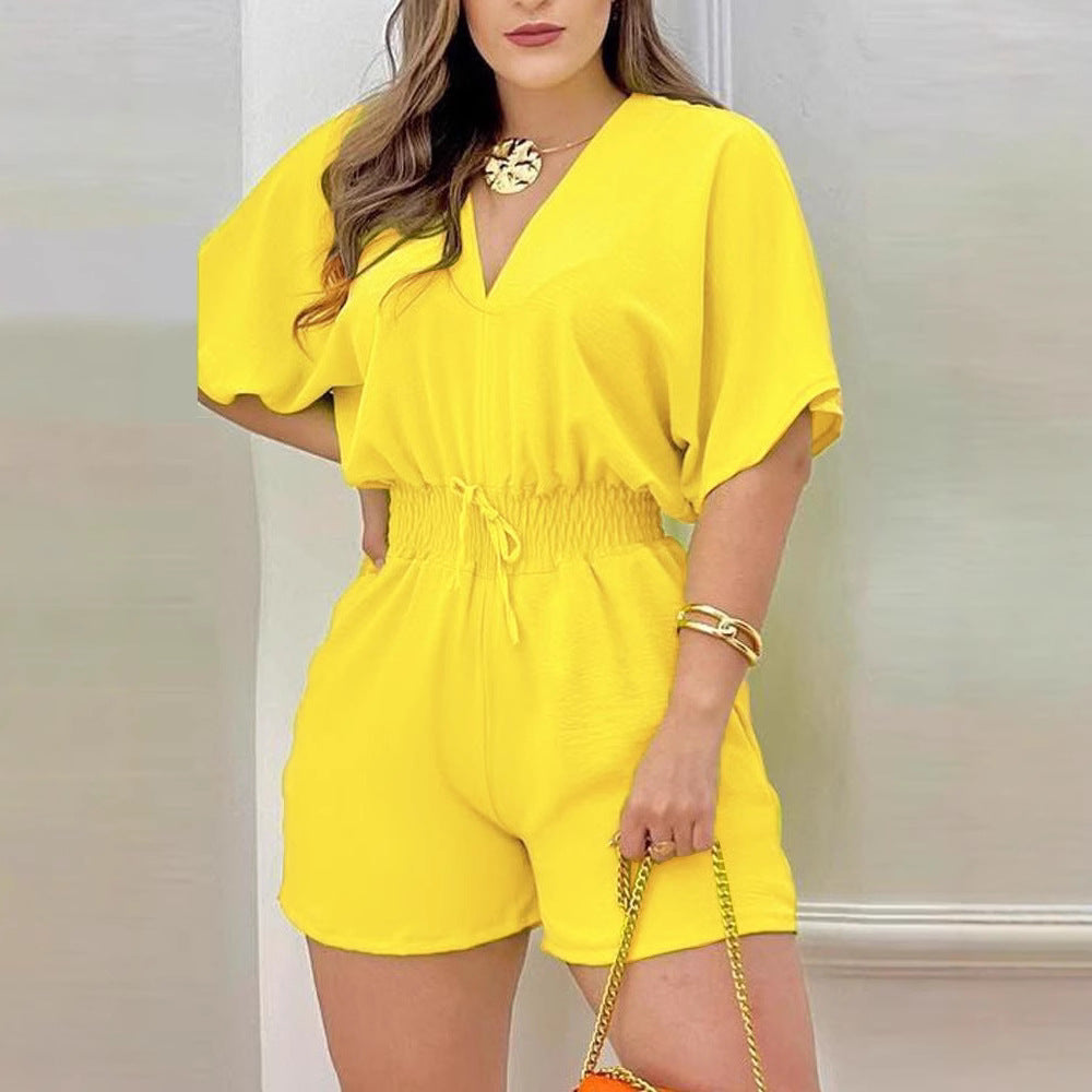 Ruffled V Neck Wide Leg Jumpsuit With Elegant Three Quarter Sleeves