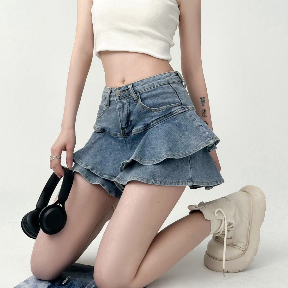 Designer Ruffled Denim Mini Skirt With Figure Hugging Fit